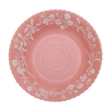 Pink floral melamine dinner plate with scalloped edge and white daisy-style pattern