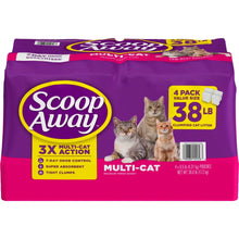 Scoop Away Multi-Cat clumping cat litter pouch, purple, 38 lb label with cats graphic