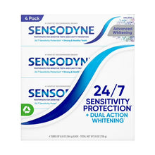 Sensodyne Advanced Whitening toothpaste 4-pack, blue and white retail boxes.