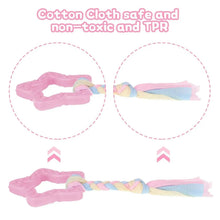 Pink rubber dog chew toy with braided rope handle and pastel tassel tips, two views