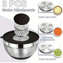 Stainless steel mixing bowl with three grater attachments and a black lid