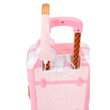 Pink suitcase handle with orange ice-cream cone side details and inner compartment