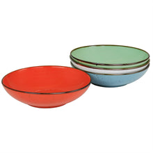 Red and blue stoneware bowls stacked together, each with speckled glaze and gold rims