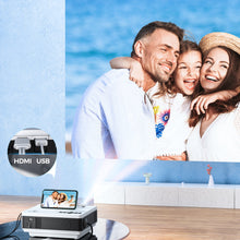 VANKYO projector projecting a family photo; HDMI/USB connection icons shown