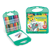 Crayola washable marker set with open green case, sheets, and colored markers