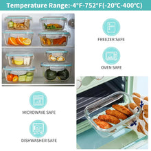 Clear glass food storage containers with blue lids, shown with hot and frozen food
