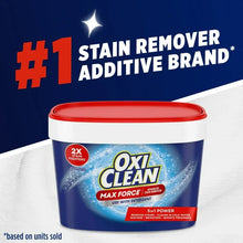 OxiClean Max Force stain remover additive tub with red lid on blue label