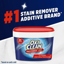 OxiClean Max Force stain remover powder tub with red lid and “#1 stain remover” text.