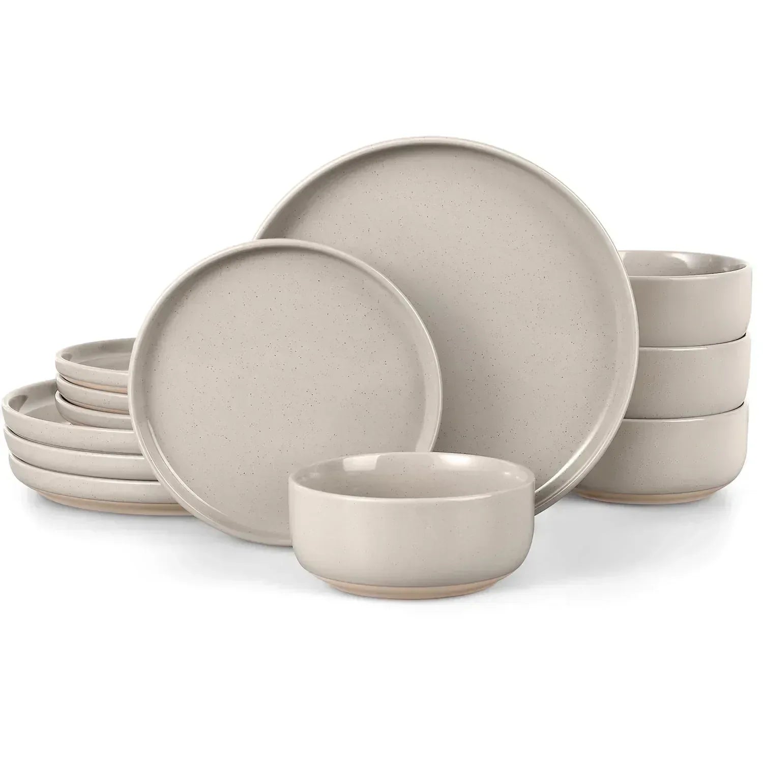 Vesteel 12-Piece Dinnerware set, Ceramic Plates and Bowls set for 4, Speckled Stoneware Dishes Set for Family, Microwave & Dishwasher Safe - Cappuccino Brown