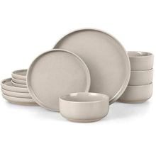 Speckled ceramic dinnerware set with plates and small bowls, cappuccino tan