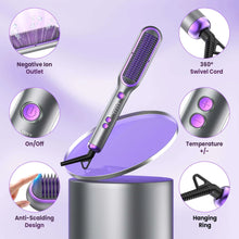 Hair straightener brush with anti-scald housing, swivel cord, and temperature buttons