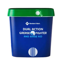 Dishwasher pacs tub front with green lid, Dual Action Grease Fighter and rinse aid text.