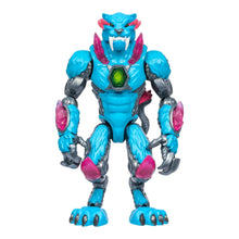 Standing blue panther-themed action figure with pink accents and neon green chest emblem