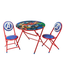 Marvel Avengers round table with two red folding chairs showing blue shield backs