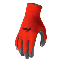 Single red nitrile-coated work glove with dark coated palm and fingers