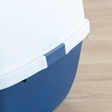 Navy and white cat litter box corner with sliding front access flap