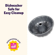 Fluted tube cake pan with dark gray non-stick interior and center hole