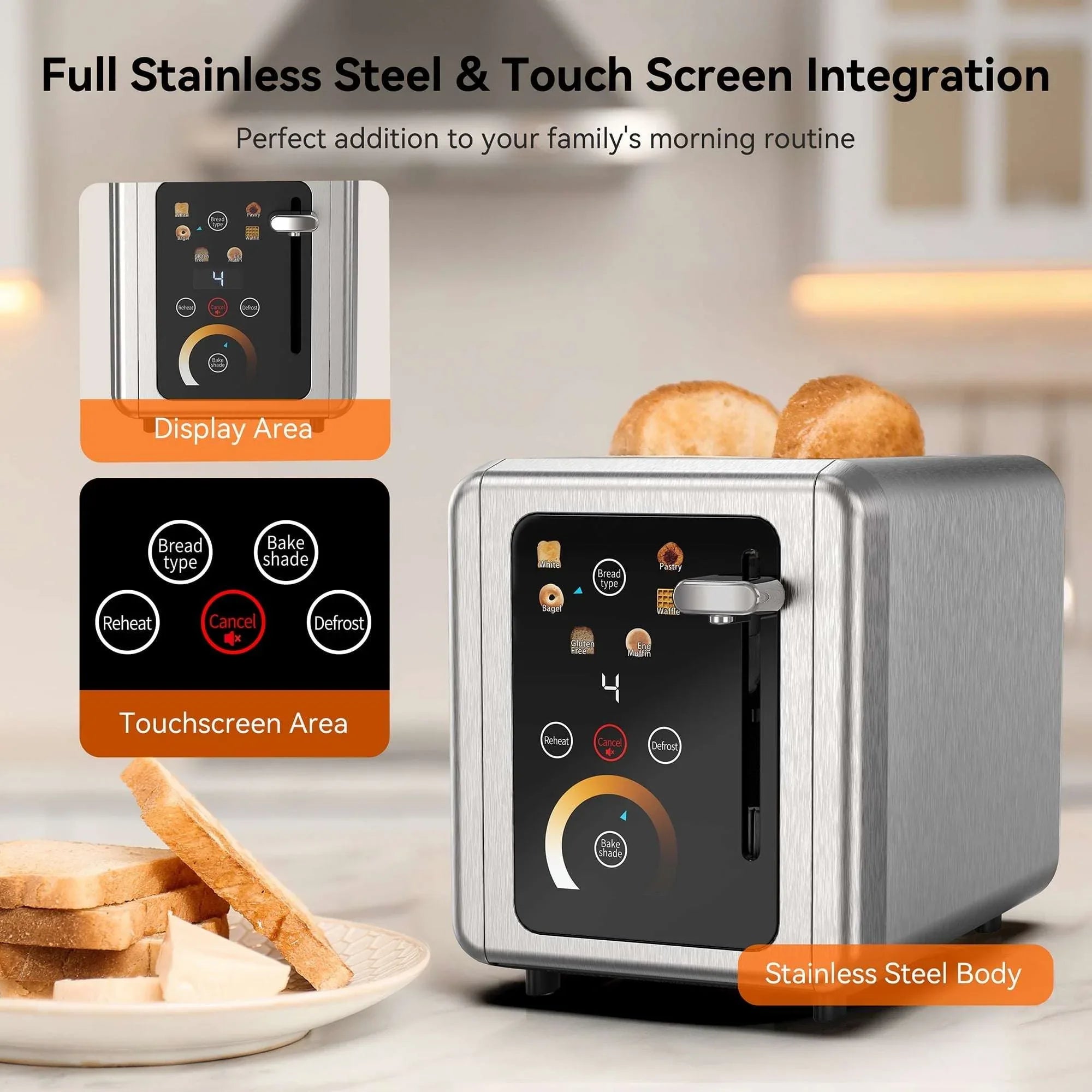 WHALL 2 Slice Toaster, Touchscreen Toasters with Stainless Steel, Wide Slots, Bagel, Defrost, 850W - USA MEGA SHOP