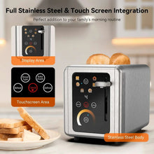 2-slice stainless steel toaster with touchscreen display and control buttons