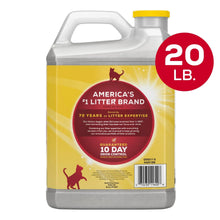 Purina Tidy Cats litter jug back label with 20 lb badge and guaranteed 10-day