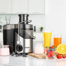 Juicer extractor with black and stainless body, juice cup and pulp containers
