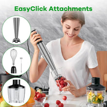Immersion blender with easy-click attachments, whisk and chopper components shown