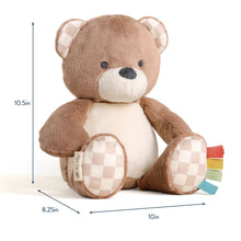 Brown plush bear with checkered paws and multicolor ribbon tags, seated pose