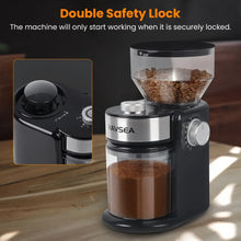 VAVSEA electric burr coffee grinder with safety-locked hopper and grind control knob