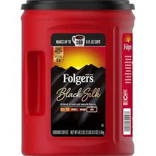 Red Folgers Black Silk ground coffee canister with black lid, 40.3 oz