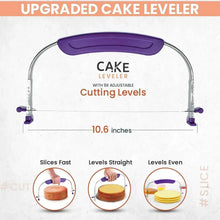 Adjustable cake leveler with purple top handle and cutting stand