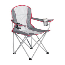 Gray oversized folding quad chair with red trim and built-in cup holder tray