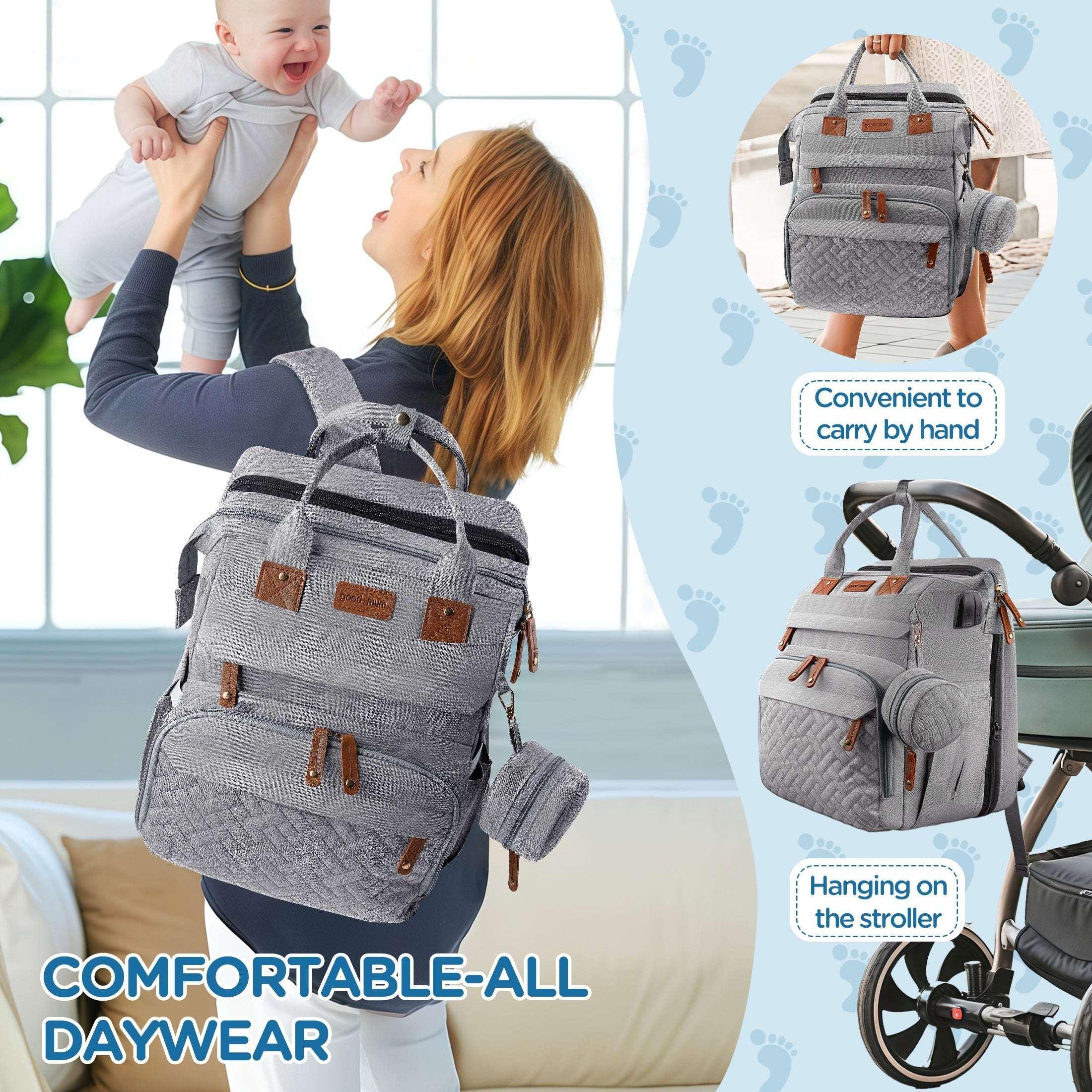 Babyomi Diaper Backpack with Changing Station, Foldable Crib, Insulated Pocket & USB Port, Large Travel Bag for Moms and Dads, Grey - USA MEGA SHOP