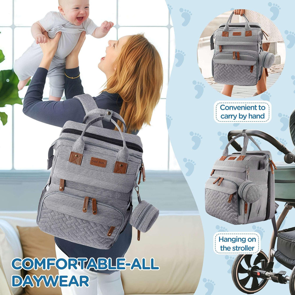 Babyomi Diaper Backpack with Changing Station, Foldable Crib, Insulated Pocket & USB Port, Large Travel Bag for Moms and Dads, Grey - USA MEGA SHOP