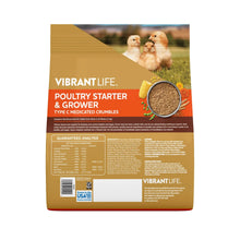 Poultry starter & grower medicated crumbles bag, rear label with analysis