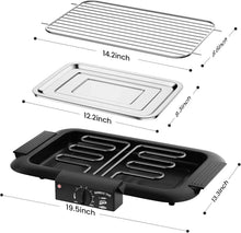 Electric smokeless grill showing removable cooking racks and drip tray, size layout.