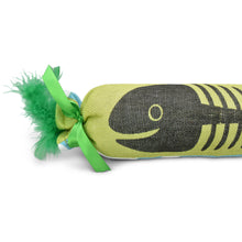 Fish bone cat kicker toy close-up with green pom pom tail, ribbon bow, lime and black print