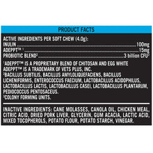 Product facts label on dog probiotic soft chews jar with active ingredients list