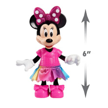 Minnie Mouse articulated doll in pink dress with bow ears; shown 6 in tall