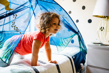 Blue bed tent with open mesh sides and starry firefly decals on the fabric