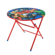 Round Marvel Avengers printed table with red folding legs and blue edge border