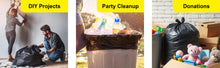 Black contractor trash bags in use for DIY projects, party cleanup, and donations