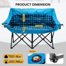 Blue plaid double camping loveseat with thick padded seat and folding metal base.