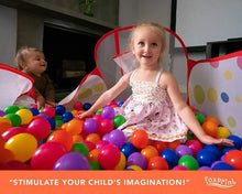 Portable ball pit tent with red frame, multicolor balls, and mini basketball hoop