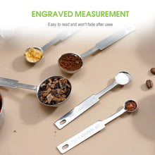 Stainless steel measuring spoons with engraved measurement markings and spice portions