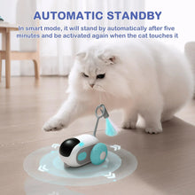 Automatic cat toy roller with feather wand, black sensor lens, and teal wheels