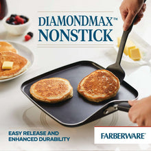 Black nonstick griddle pan holding two slices of toast, long handle