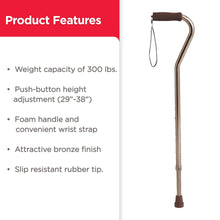Bronze offset aluminum cane with foam handle and attached wrist strap