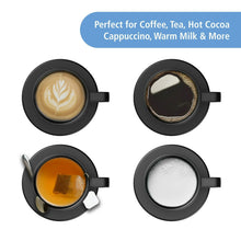 Warming coffee mug on coaster with assorted hot drink examples in the cup
