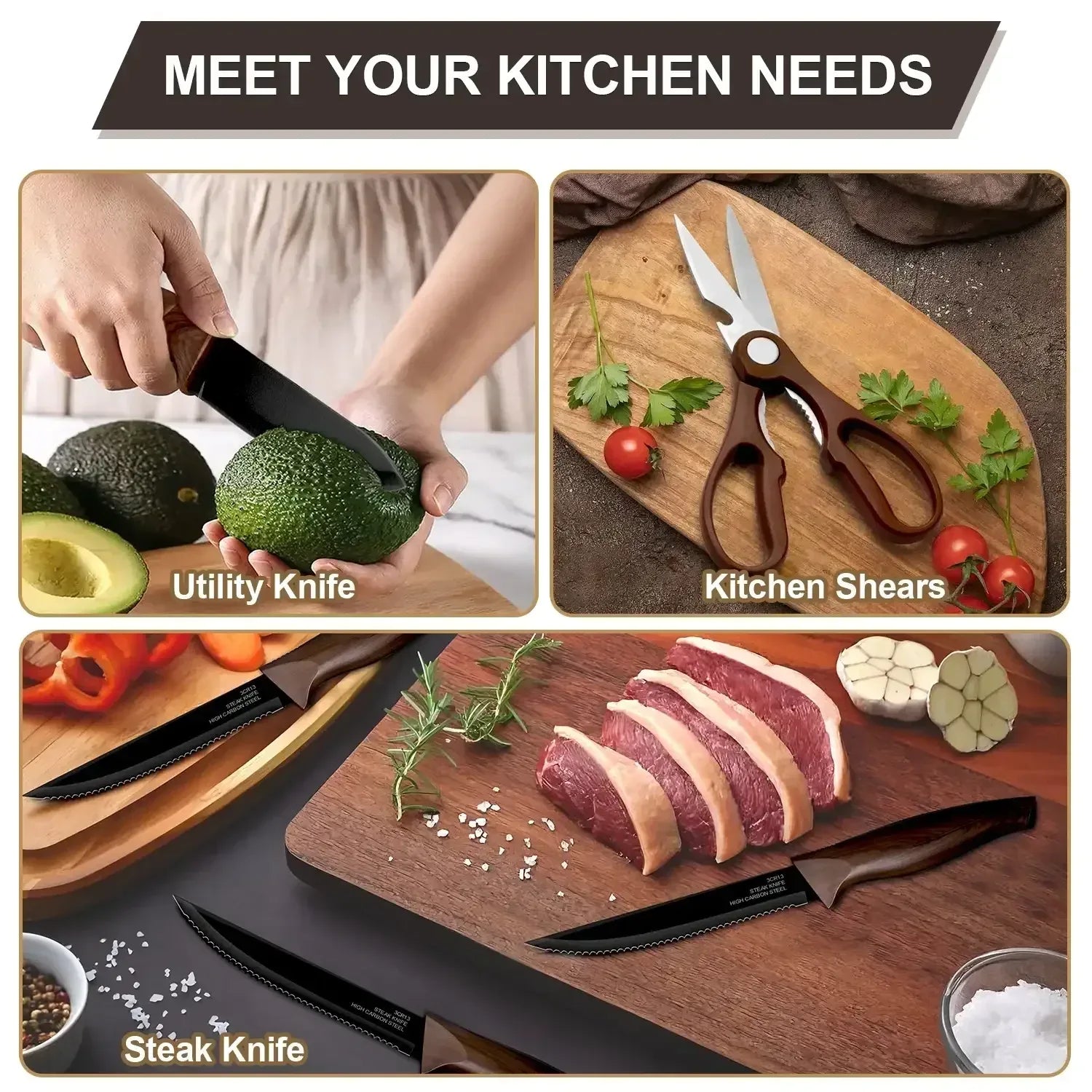 Walchoice 15 Pieces Knife Set with Block, High Carbon Stainless Steel Kitchen Knife Set with Sharpener, Rust Resistant & Dishwasher Safe