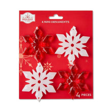 Carded set of 4 mini snowflake ornaments, red and white foil shapes with loops